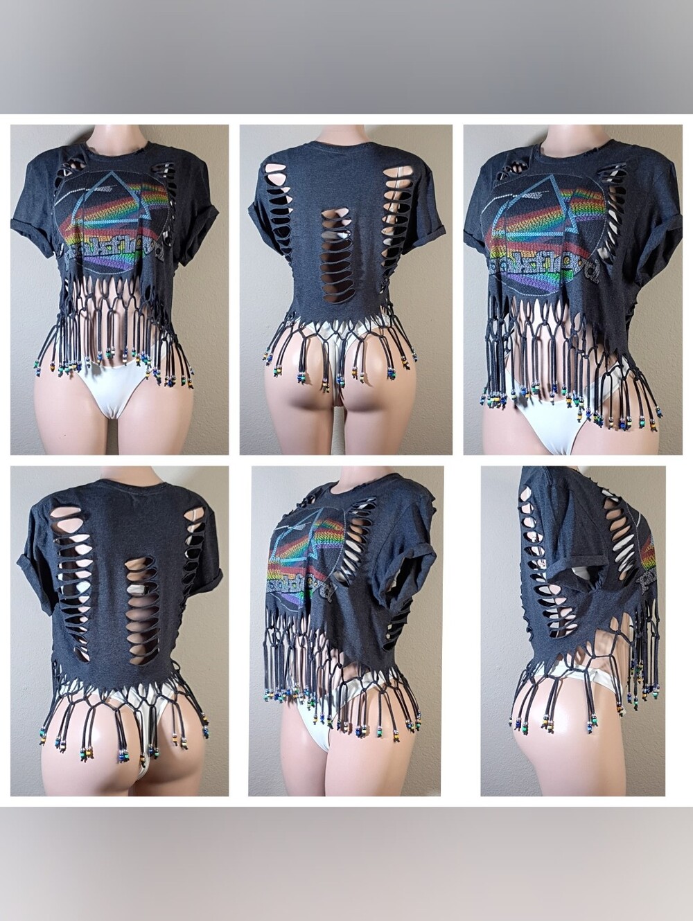 Pink Floyd Custom Beaded Fringe Graphic Crop Top - Black